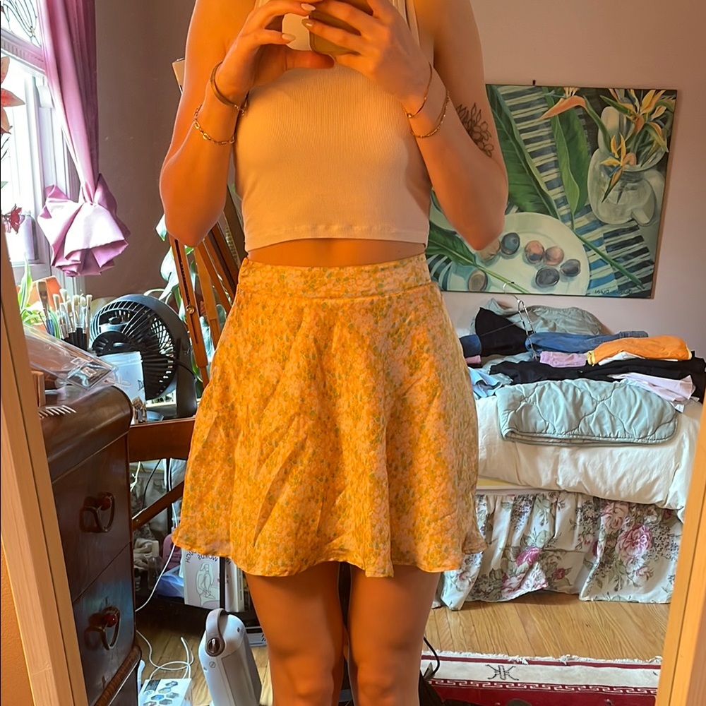 Silky Floral Skater Skirt - Yellow and Green
